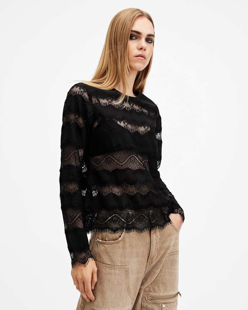 Tiff Lace Panelled Sheer Top Black | ALLSAINTS